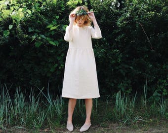 Linen Dress - Ivory Linen Dress - 3/4 Sleeve Dress - Loose Fit Dress - High Waist Dress - Ivory Linen Dress - Handmade by OFFON