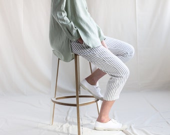 Linen cropped leg trousers in stripes. Handmade by OFFON Clothing