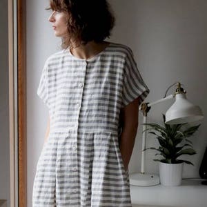 Short Sleeve Striped Linen Dress/button up Dress/handmade by - Etsy