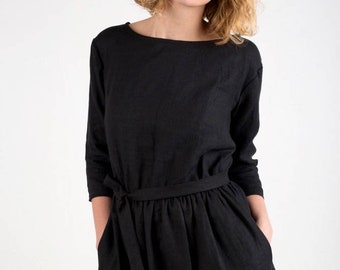 Black Linen Tie Belt Dress - Linen Dress In Black - Available in 44 colors - Handmade by OFFON