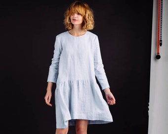 Smock Linen Dress - Long Sleeve Linen Dress - Loose Linen Dress In Sky Blue - Handmade by OFFON