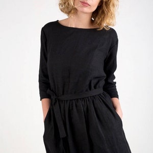 Black Linen Tie Belt Dress - Linen Dress In Black - Available in 44 colors - Handmade by OFFON