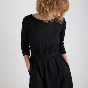 Black Linen Tie Belt Dress Linen Dress In Black Available in 44 colors Handmade by OFFON image 2