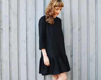 Black Linen Drop Waist Midi Dress - Handmade by OFFON