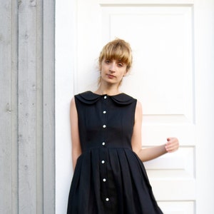 Linen Sleeveless Dress Black Linen Dress Double Collar Dress Full Pleated Skirt Dress Handmade by OffOn image 2