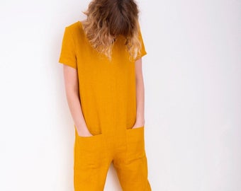 Linen Jumpsuit - Mustard Jumpsuit - Short Sleeve Jumpsuit - Women Linen Overall - Jumpsuit - Linen Romper - Handmade by OFFON