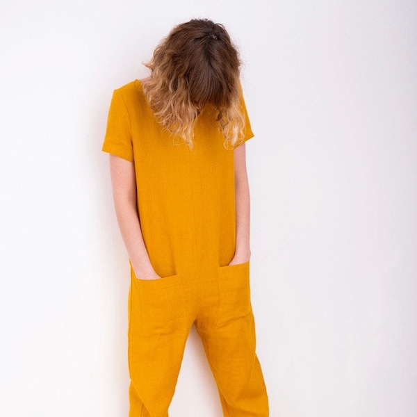 Linen Jumpsuit - Mustard Jumpsuit - Short Sleeve Jumpsuit - Women Linen Overall - Jumpsuit - Linen Romper - Handmade by OFFON