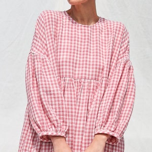 Oversized Kleid aus Double Gauze rosa Karo GRETA • OFFON CLOTHING