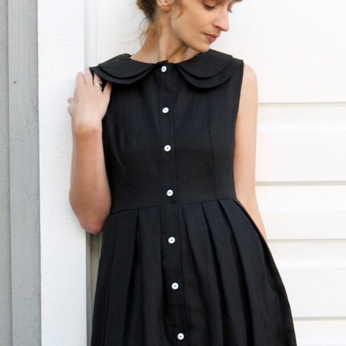 Linen Sleeveless Dress - Black Linen Dress - Double Collar Dress - Full Pleated Skirt Dress - Handmade by OffOn