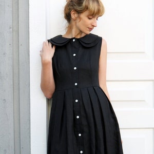 Linen Sleeveless Dress Black Linen Dress Double Collar Dress Full Pleated Skirt Dress Handmade by OffOn image 1