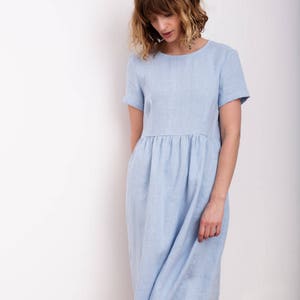 Linen Loose Dress In Sky Blue Short Sleeved Linen Summer Dress Linen High Waist Dress Handmade by OFFON image 2