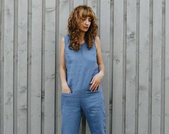 Ärmelloser Leinen Jumpsuit / Leinen Overall mit kurzem Bein / OFFON KLEIDUNG