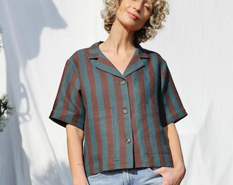 Linnen overhemd met reverskraag en korte mouw ESTEE in strepen / Handgemaakt door OFFON