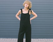 Linen Tie-strap jumpsuit Sleeveless black summer romper OFFON CLOTHING