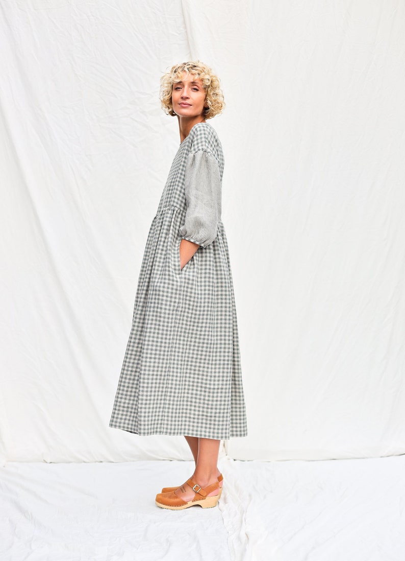 Gingham Linen Dress With Contrasting Striped Puffy Sleeves - Etsy