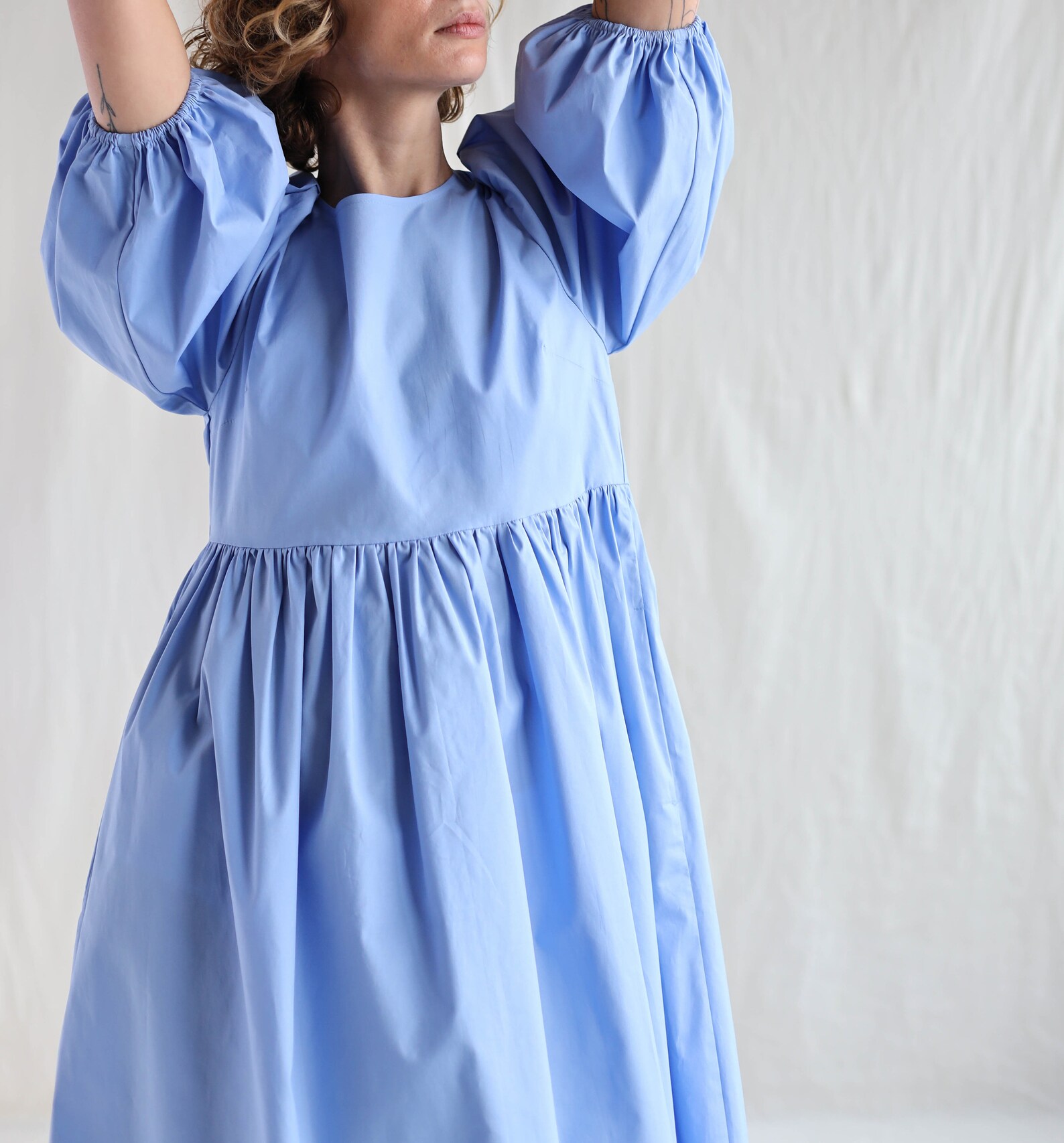 Light Sky Blue Schiffli Balloon sleeve Dress