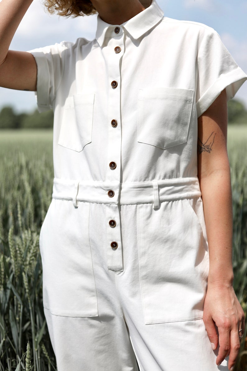 White organic cotton jumpsuit / Short sleeve coverall / White Etsy