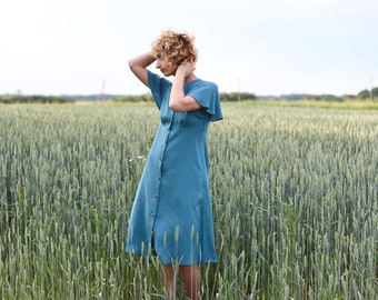 Linen dress with frill sleeves in light turquoise color / OFFON CLOTHING