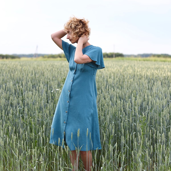 Linen dress with frill sleeves in light turquoise color / OFFON CLOTHING