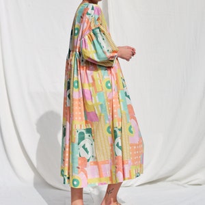 Oversized voluminous sleeves abstract print silky cotton dress GRETA OFFON CLOTHING zdjęcie 3