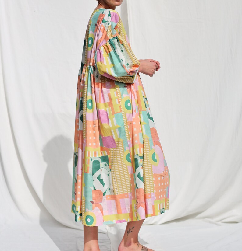 Oversized voluminous sleeves abstract print silky cotton dress GRETA OFFON CLOTHING zdjęcie 3
