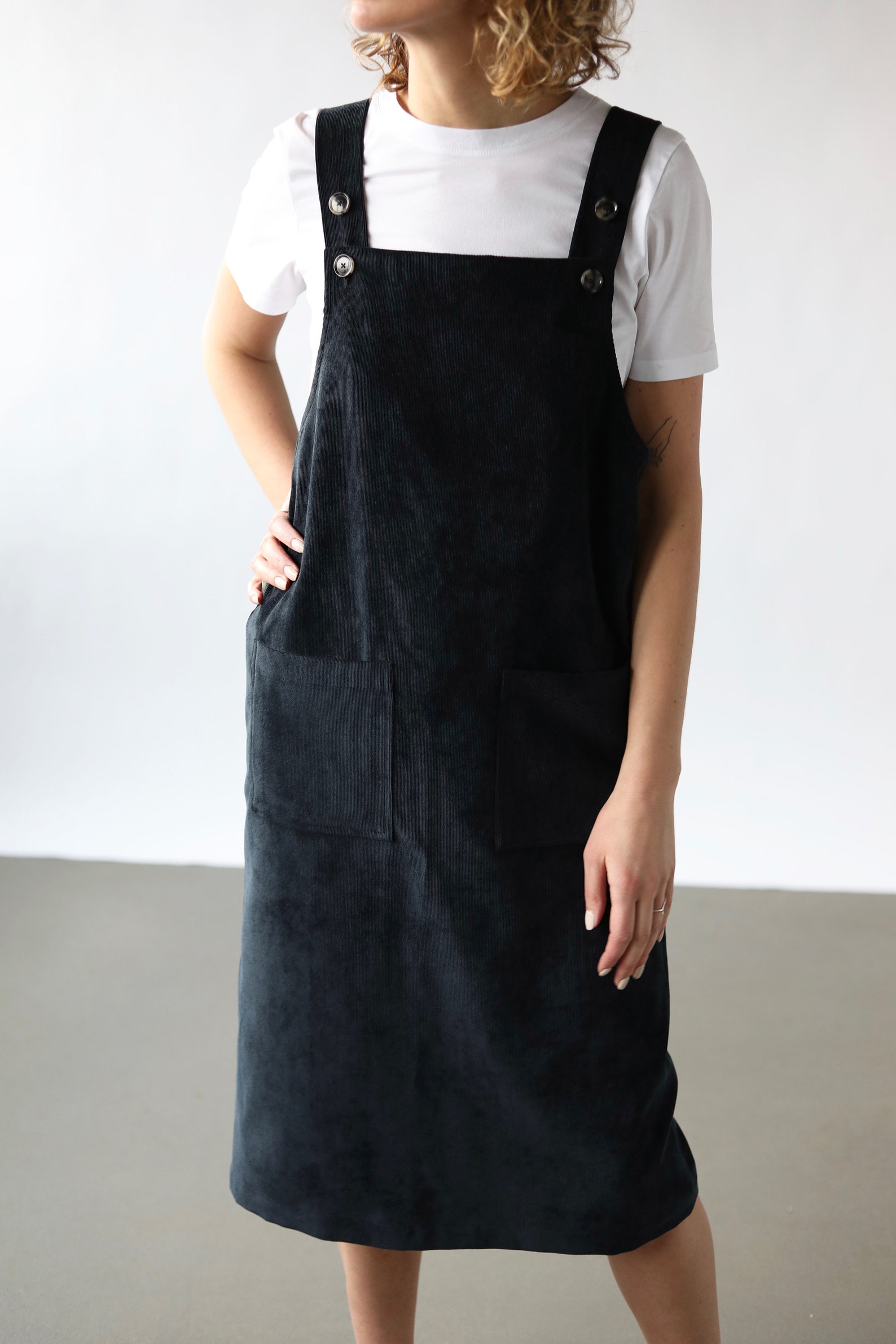 Black Corduroy Pinafore Dress Dungaree Needlecord Dress Etsy New Zealand