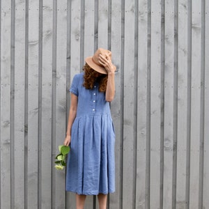 Pleated skirt short sleeve linen shirtdress