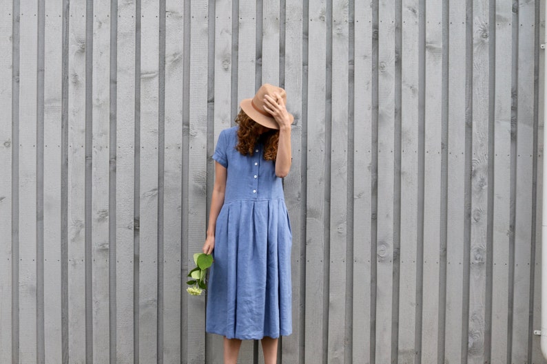 Linen Dress - Blue Linen Dress - Shirt Linen Dress - Handmade by OFFON 