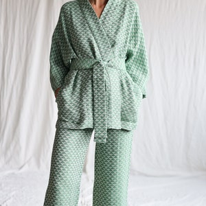 Jacquard linen geometric pattern kimono style jacket / OFFON CLOTHING image 3