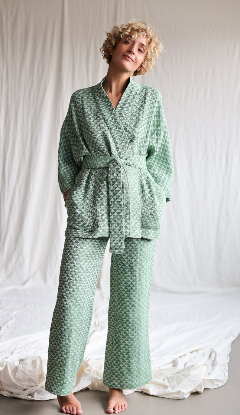 Jacquard linen geometric pattern kimono style jacket / OFFON CLOTHING image 3