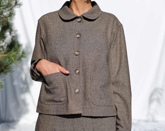 Brown Herringbone Wool-Blend Cropped Jacket • Short Wool Blazer Women