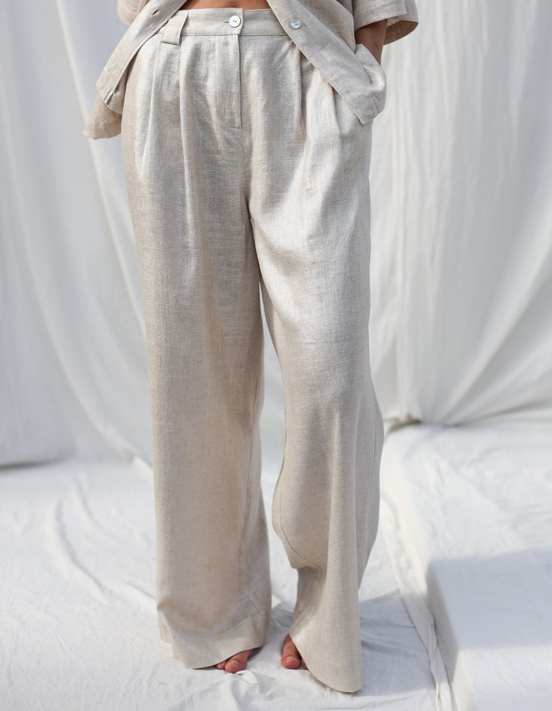 Silver metallic linen and viscose wide leg palazzo pants OFFON Clothing zdjęcie 7