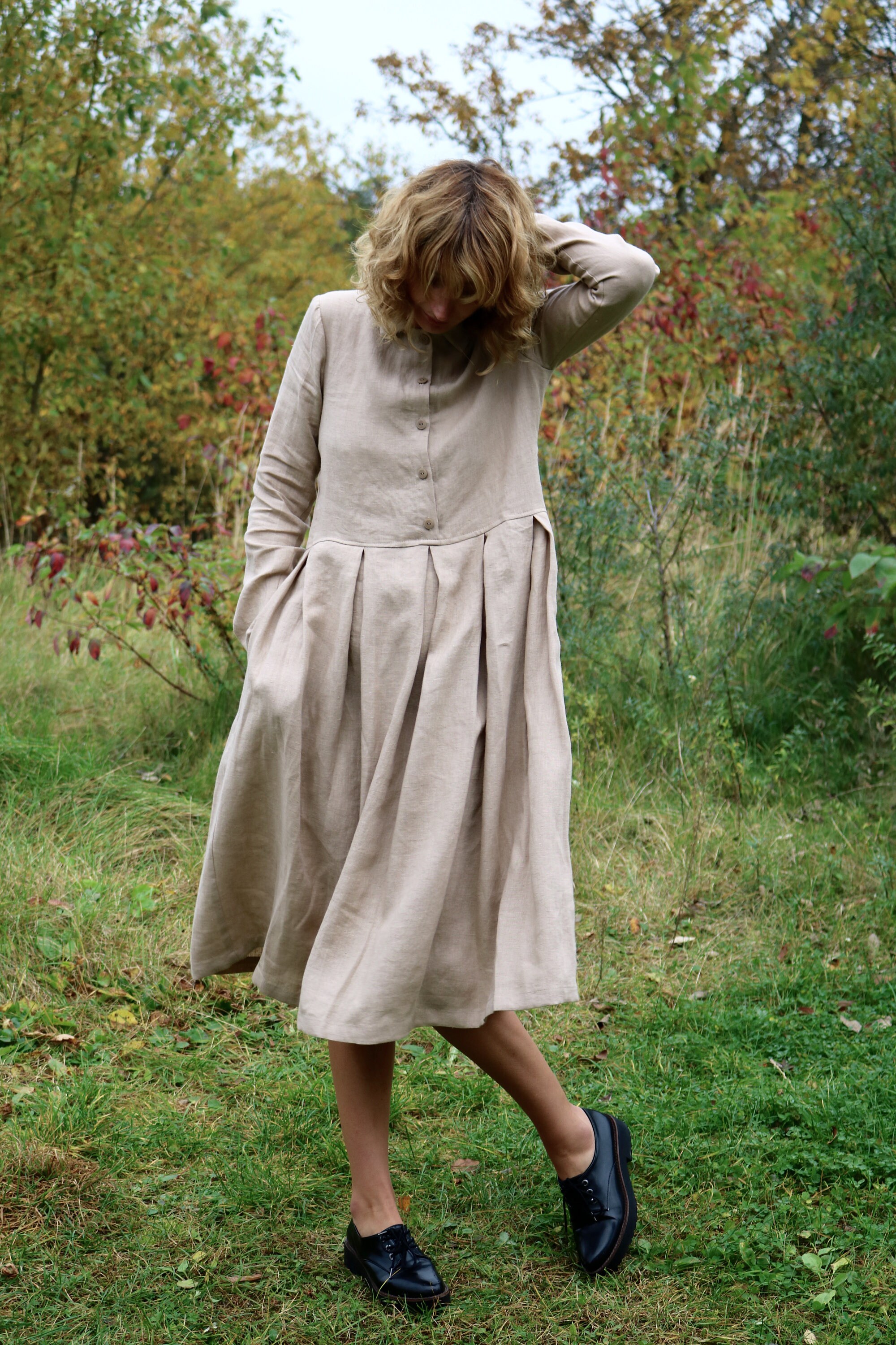 Linen Maxi Dress in Beige Long Sleeved Dress Maxi Women - Etsy