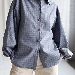Light blue brushed plaid cotton oversized shirt ELIAN OFFON CLOTHING image 7