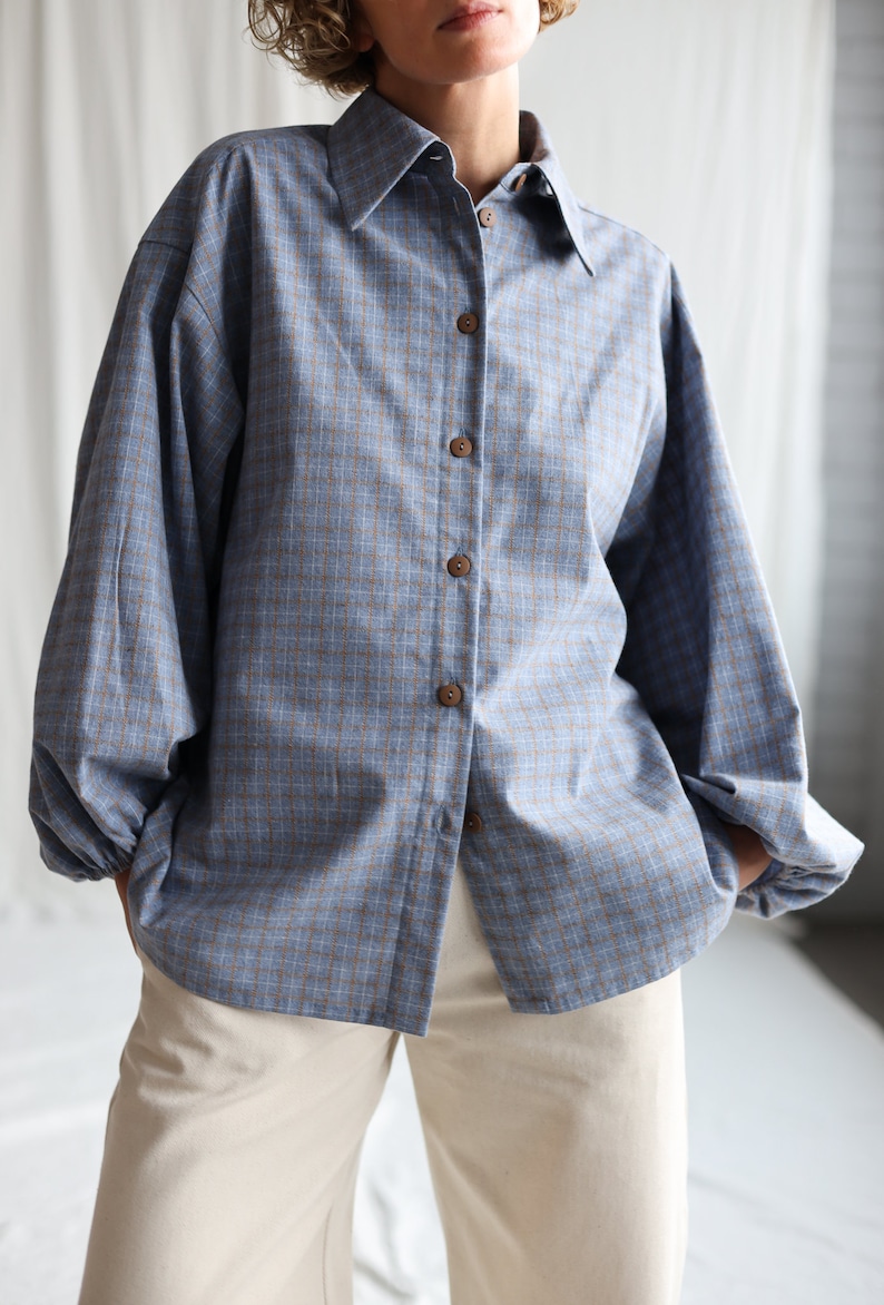 Light blue brushed plaid cotton oversized shirt ELIAN OFFON CLOTHING image 7