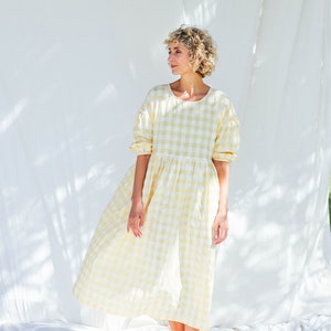 イエローシアサッカーチェックドレス PERLA • OFFON CLOTHING