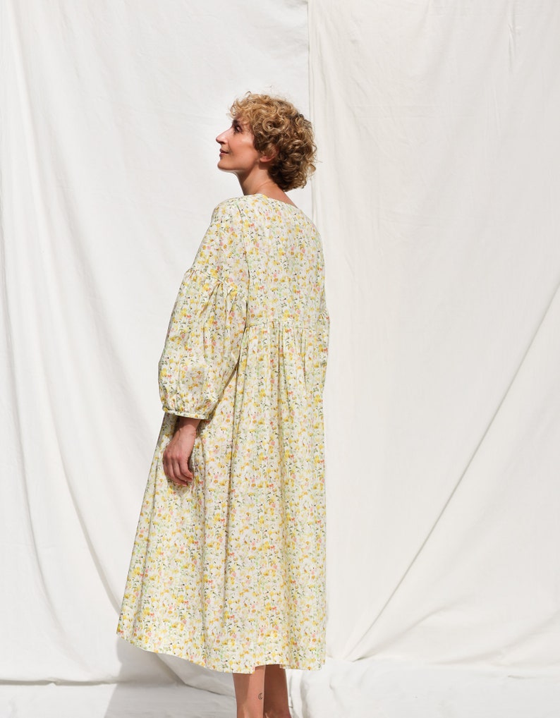 Oversized voluminous sleeves floral print silky cotton dress GRETA OFFON CLOTHING zdjęcie 5