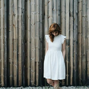 White Linen Dress Linen Frill Sleeves Dress Handmade by OFFON image 5