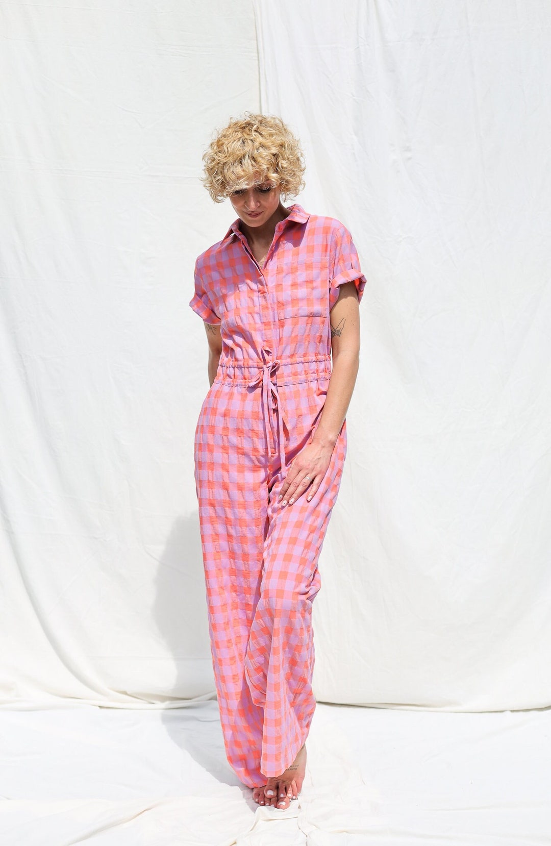 Buy Seersucker Checks Short Sleeved Summer Jumpsuit LENNY