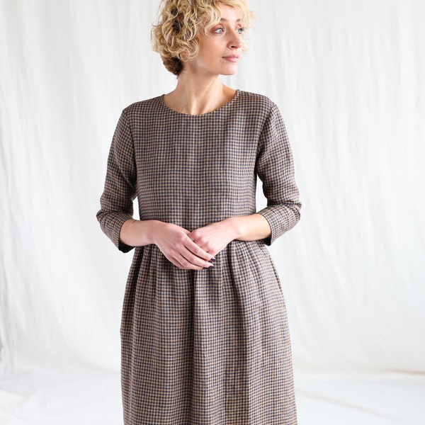 Gingham linen loose fit dress • OFFON CLOTHING