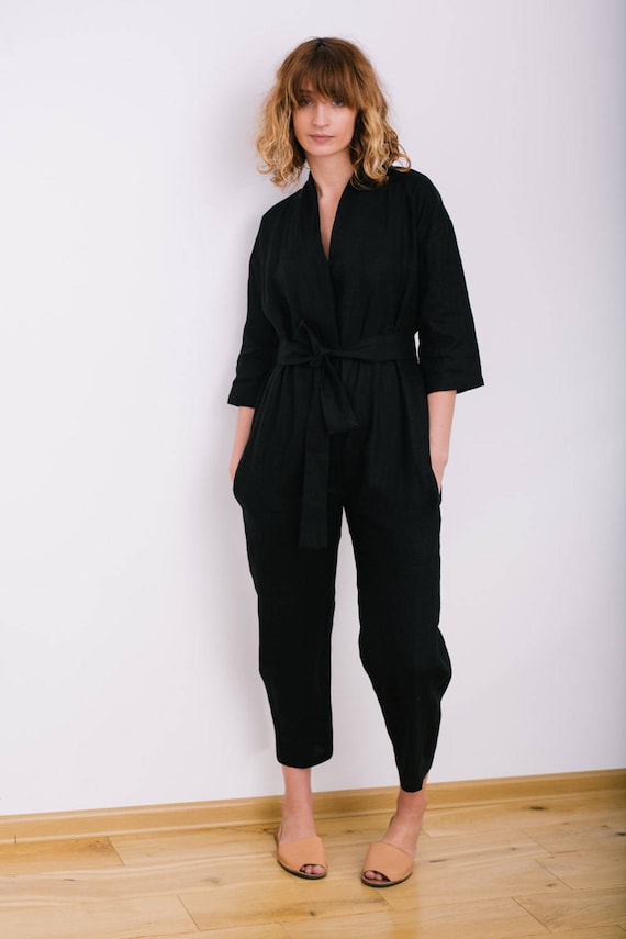 Black Linen Blend Tuxedo Jumpsuit - Women's Summer Event Outfits