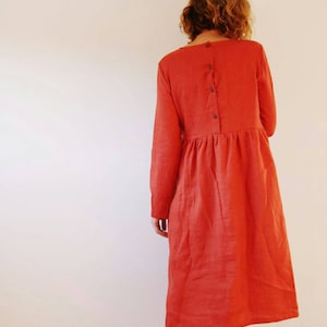 Linen Dress Burnt Orange Linen Dress Long Sleeved Dress Loose Fit Dress ...
