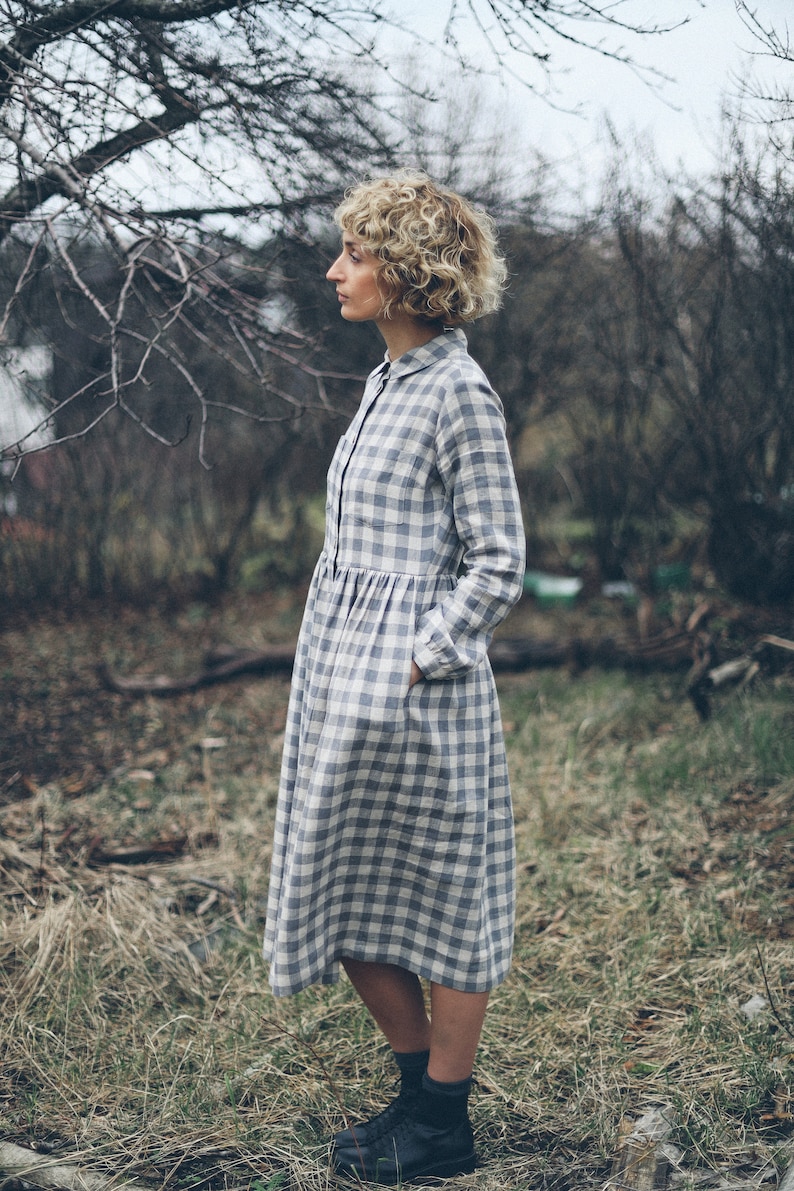 Linen checkered dress / Linen button up MIDI dress / OFFON CLOTHING image 4