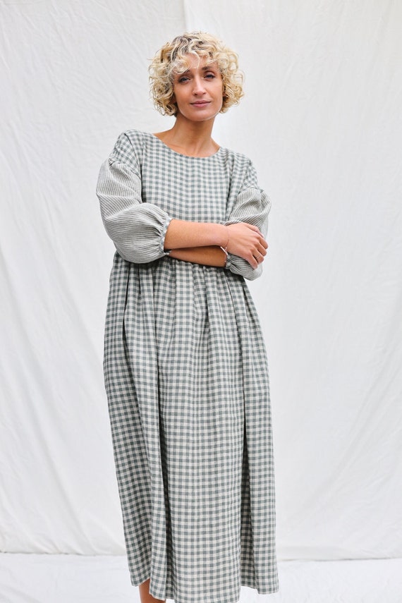 women grey check linen dress Gingham with contrasting striped puffy sleeves PERLA 07/03