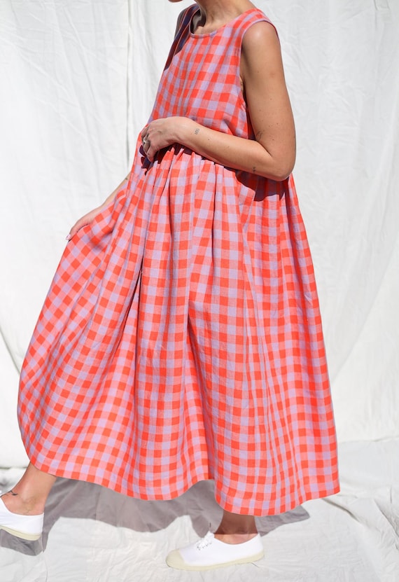 Sleeveless Linen Smock Dress in Pink Checks * OFFON Clothing