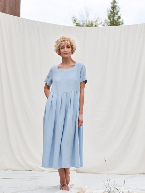 Sky blue linen square neck dress SANTA / OFFON CLOTHING