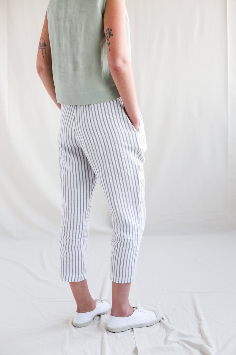 Linen cropped leg trousers in stripes. Handmade by OFFON image 6
