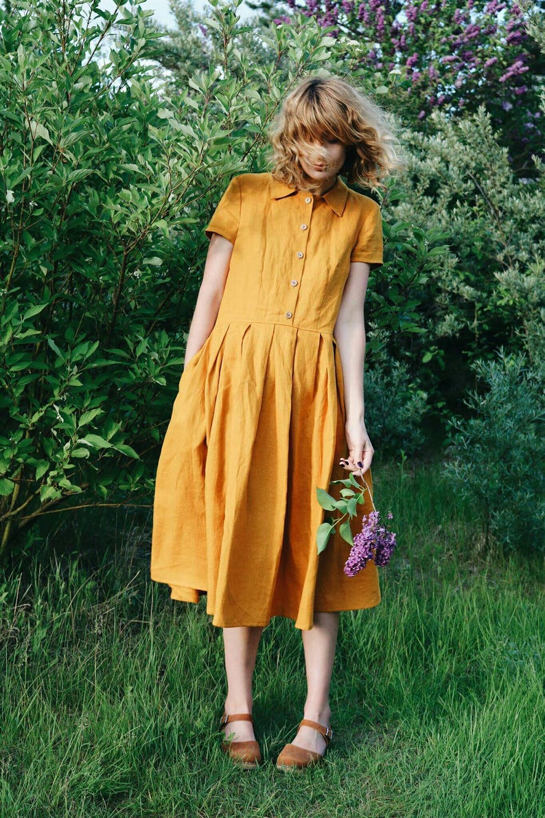 Linen Dress - Mustard Linen Shirt Dress - Short Sleeved Linen Dress - Handmade by OFFON 