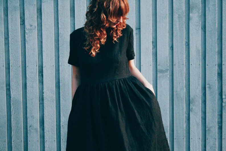 Black Linen Short Sleeve High Waist Dress / Handmade by OFFON Clothing image 3