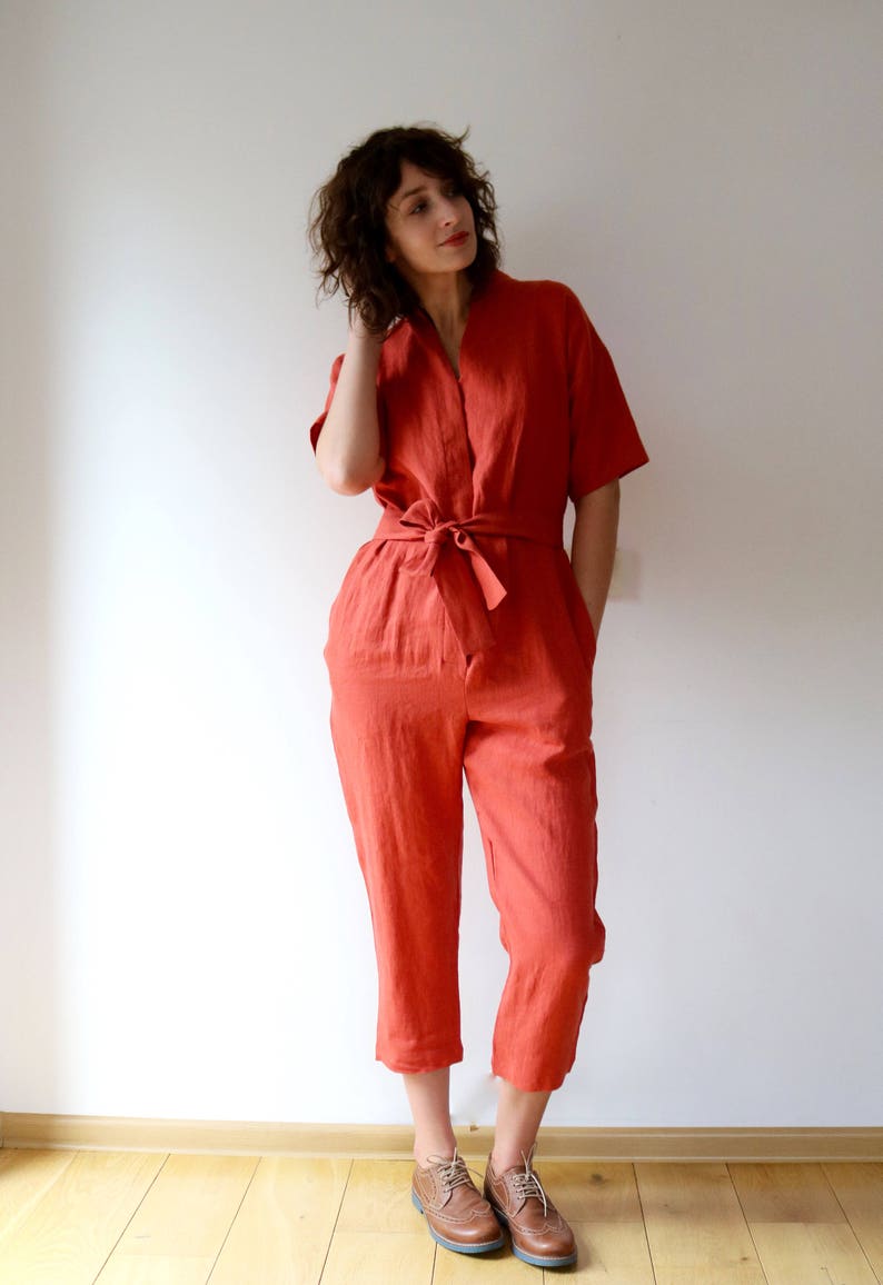 Linen Jumpsuit In Burnt Orange Short Sleeve Romper Linen Overall Handmade by OFFON image 4